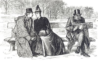 Tegneserie som viser et par som utveksler kjærlighet på parkbenken, mens mannen ved siden av ser på med misbilligelse av George du Maurier
