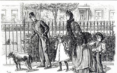 Tegneserie som viser en familie som går i gatene i det viktorianske London av George du Maurier