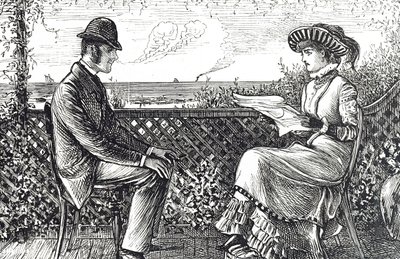 Tegneserie som viser en mann og kone - mannen er ansvarlig for sin kones gjeld med mindre han publiserte en tilbakekalling av sitt ansvar av George du Maurier