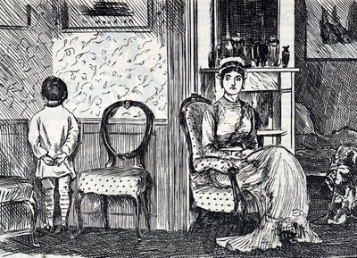 Tegneserie som viser en mor som straffer sønnen sin ved å få ham til å stå vendt mot veggen av George du Maurier
