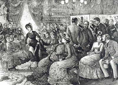 Tegneserie som viser en typisk stuekonsert av George du Maurier