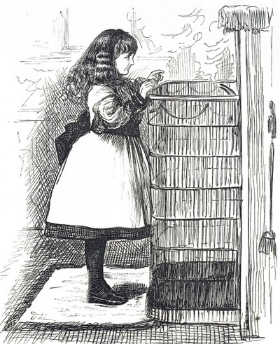 Tegneserie som viser en ung jente som står foran en stor brannvakt av George du Maurier