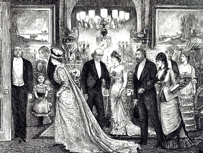 Tegneserie som viser en elegant soirée i et viktoriansk hjem av George du Maurier