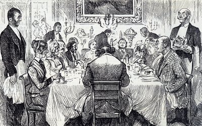 Tegneserie som viser en elegant soirée i et viktoriansk hjem av George du Maurier