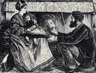 Tegneserie med tittelen "A Logical Refutation of Mr Darwin's Theory" - en far prøver å forklare Darwins teori til sin kone og datter av George du Maurier