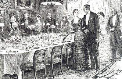 Tegneserie med tittelen "Going into Dinner" som viser et ungt par som kommer inn i en spisestue av George du Maurier