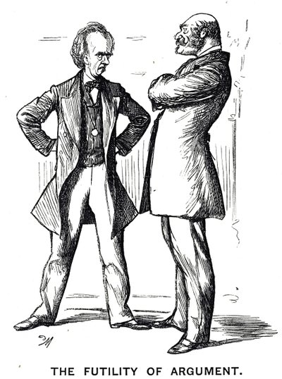 Tegneserie med tittelen "The Phrenology Argument - Again" med bildeteksten "The Futility of Argument" av George du Maurier