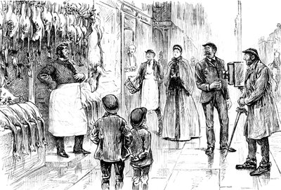 Gravering som viser en slakter og høvler som blir fotografert foran juleutstillingen hans av George du Maurier. George du Maurier (1834-1896), en fransk-britisk tegneserieskaper og forfatter. Datert 1800-tallet ©UIG/Leemage av George du Maurier