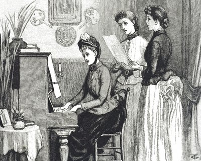 Gravering som viser unge damer som synger i salongen av George du Maurier
