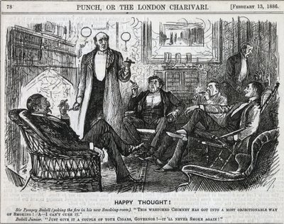 Herrer samlet seg i røykerommet og røykte sigarene sine etter middagen. George du Maurier tegneserie fra ''Punch'', London 1886. av George du Maurier