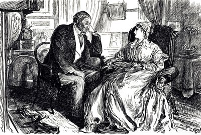 Georges du Maurier tegneserie som illustrerer en mann og kvinne i samtale om de beroligende fordelene med tran. England 1869 av George du Maurier