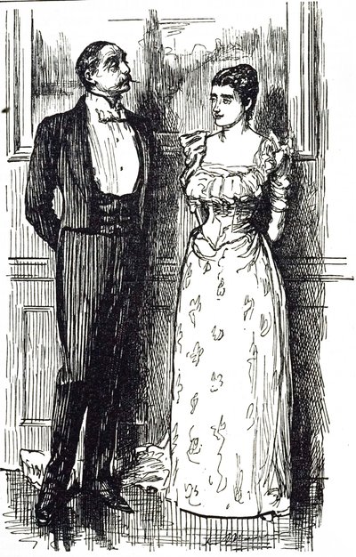 Georges du Maurier tegneserie som illustrerer en mann og kvinne i samtale ved et samfunnsarrangement, England 1891 av George du Maurier