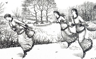Illustrasjon som viser jenter som setter sporet for hare og hunder av George du Maurier