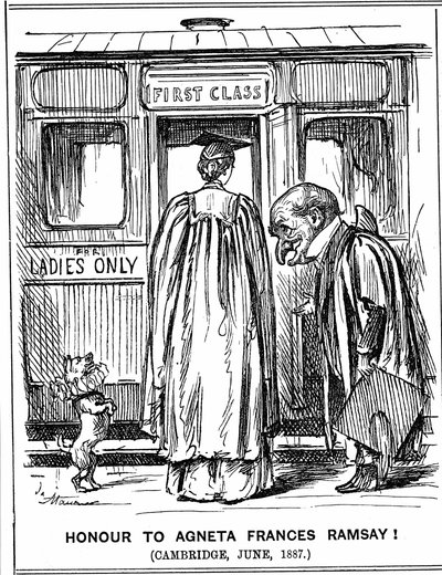 Mr Punch bøyer seg for Agneta Frances Ramsay som satt og bestod med førsteklasses utmerkelser, papirene satt, men kunne ikke motta en grad da Cambridge ikke ga dem til kvinner på dette tidspunktet. George du Maurier tegneserie fra Punch, London, 2. juli 18 av George du Maurier