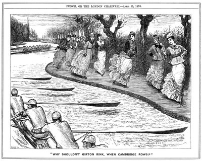 Rulleskøyter veldig mye på moten. Damestudenter fra Girton på trekkstien vinker til roere som ror på elven. George du Maurier tegneserie fra Punch, London av George du Maurier