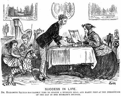 Suksess i livet: Rollevending og den moderne profesjonelle kvinnen. George du Maurier tegneserie for Punch Almanack for 1867. I 1865 fikk Elizabeth Garrett Anderson (1836-1917) lisens til å praktisere av Society of Apotecaries. av George du Maurier
