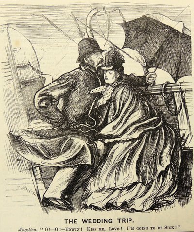 Bryllupsturen: Bryllupsreisepar som lider av sjøsyke mens de krysser Den engelske kanal. George du Maurier tegneserie fra 