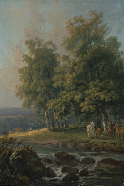 Hester og storfe ved en elv, 1777 av George the Elder Barret