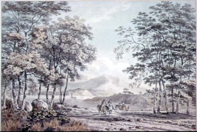 Landskap med elv og figurer av George the Elder Barret