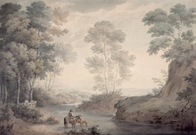Landskap med elve- og hestevanning av George the Elder Barret