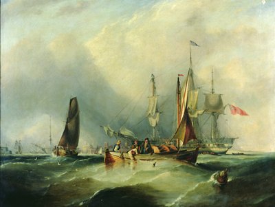 En Man-o'-War og fiskebåter utenfor Southsea av George the Elder Chambers