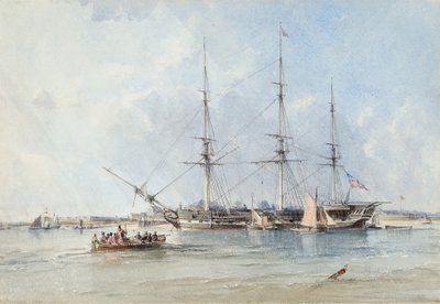 Blackwall-fregatten Seringapatam for anker utenfor Tilbury Fort av George the Elder Chambers