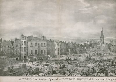 En utsikt over den nordlige tilnærmingen til London Bridge mens den er i fremgang av George the Elder Scharf