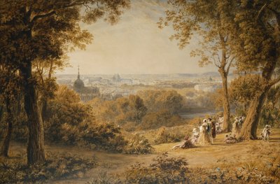 En utsikt over Versailles med elegante figurer i forgrunnen ved solnedgang, av George the Younger Barret