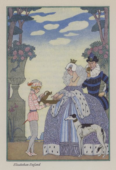 The Romance of Perfume: Elizabethan England (farge litho) av Georges (after) Barbier
