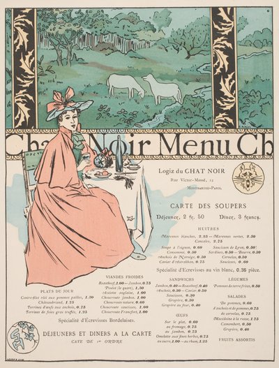 Meny fra Chat Noir (lito- og sjablongtrykk i farger) av Georges Auriol