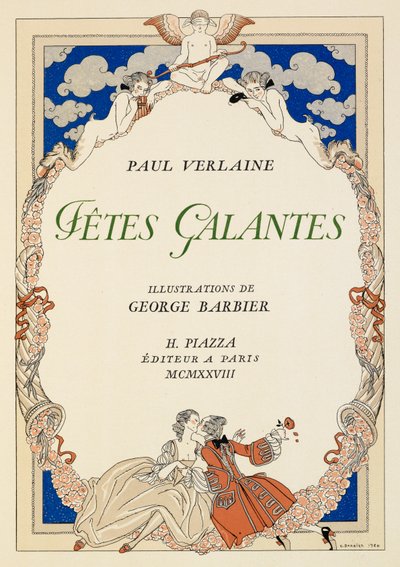 En mann og en kvinne kysser. av Georges Barbier