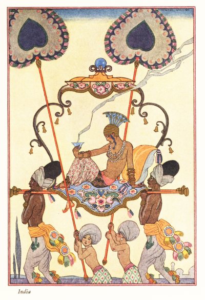 En edel kvinne brenner røkelse i en palankin, det gamle India 1928 (trykk) av Georges Barbier