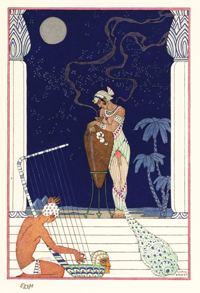 En dronning står og lukter duftbrent, det gamle Egypt1928 (trykk) av Georges Barbier