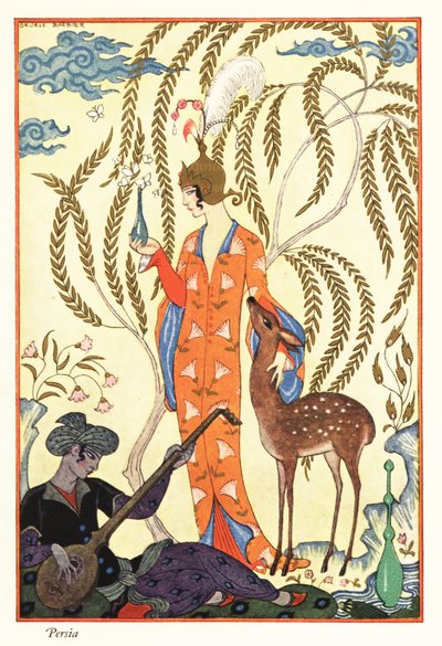 En kvinne holder en parfymeflaske, det gamle Persia av Georges Barbier