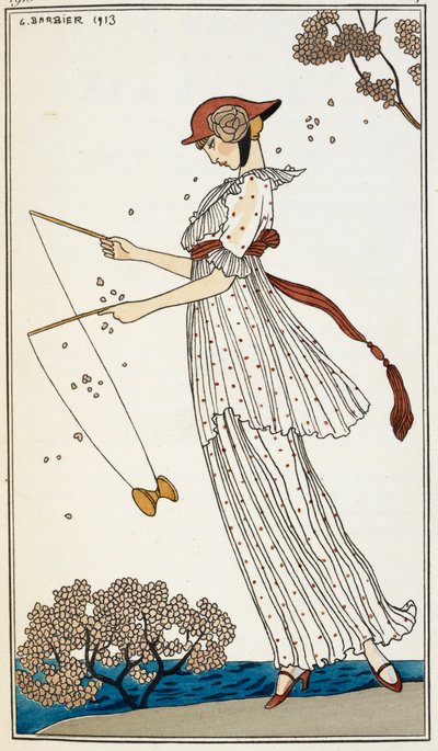 En kvinne iført en trykket hvit linkjole, leker med et leketøy av Georges Barbier