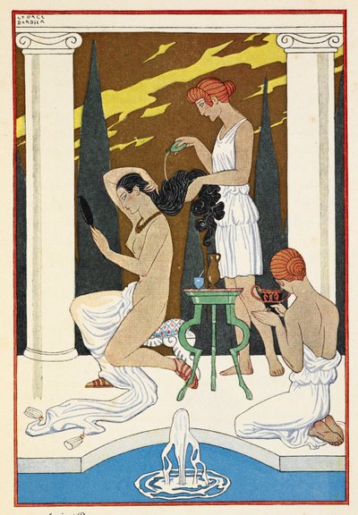 Antikkens Roma. En person som får håret vasket av tjenere. av Georges Barbier