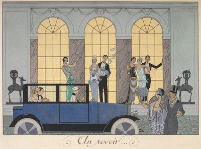 Au revoir. Folk som drar i en bil. Folk i aftenkjole. av Georges Barbier