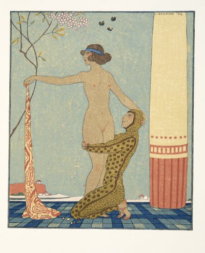 Bilitis, illustrasjon fra Les Chansons de Bilitis, av Pierre Louys, pub. 1922 (stensiltrykk) av Georges Barbier