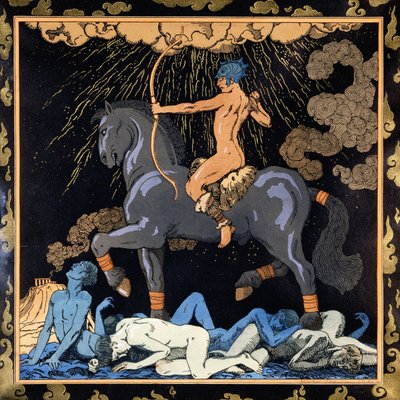 Han som rir på den svarte hesten, ca. 1917-1920 (stensil) av Georges Barbier