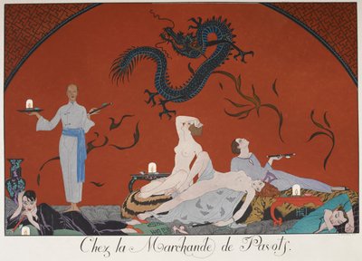 Chez la Marchande de Pasots. Folk, noen nakne, ligger rundt i et rom. kinesisk dekorasjon. av Georges Barbier