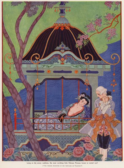 Kinesisk prinsesse tilbakelent i en paviljong (farge litho) av Georges Barbier