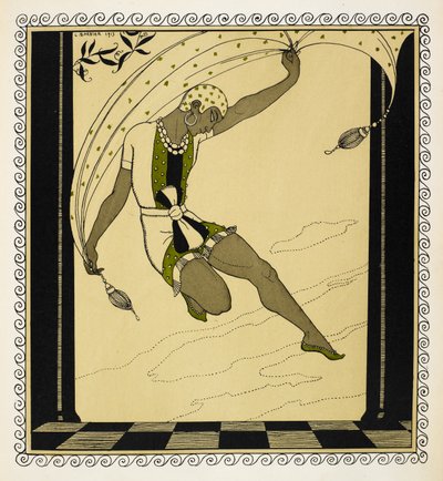 "Kleopatre". En danser fra Anton Arenskys produksjon fra 1909 som har på seg et kort hvitt, grønt og svart antrekk knyttet i midjen, grønne sko og en hvit mønstret lue. av Georges Barbier