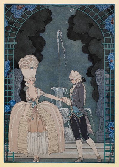 Colloque Sentimental. En mann som holder en kvinnes hånd. av Georges Barbier