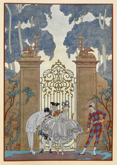 Colombine. Folk som står utenfor en port. En pierrot. av Georges Barbier