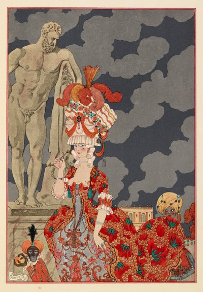 Cortège. En attraktiv kvinne iført en rød kjole og forseggjort hva. En liten ape og gutt. av Georges Barbier