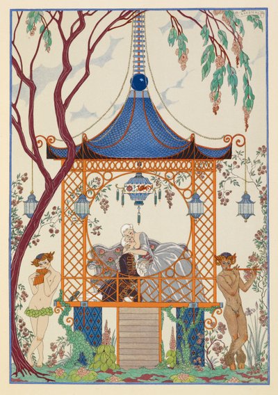 Cythère. En mann og kvinne i en paviljong omfavner hverandre. Mytiske skapninger utenfor, spiller pipe. av Georges Barbier