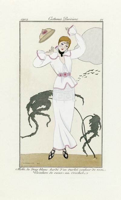 Design for hvit kjole med rosa kant og heklebelte, fra Costumes Parisien, pub.1912 (pochoir-trykk) av Georges Barbier