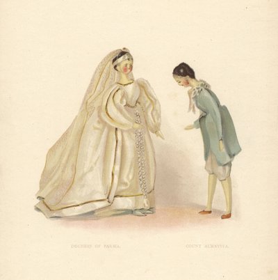 Dukker av hertuginnen av Parma og grev Almaviva, fra Barberen av Sevilla, kledd av unge prinsesse Victoria. Fargeplate etter en illustrasjon av Alan Wright fra Frances H. Lows Queen Victoria