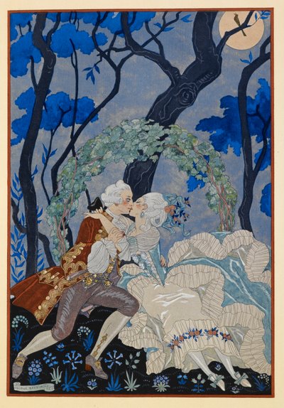 En Sourdine. En mann og kvinne kysser under måneskinnet. av Georges Barbier