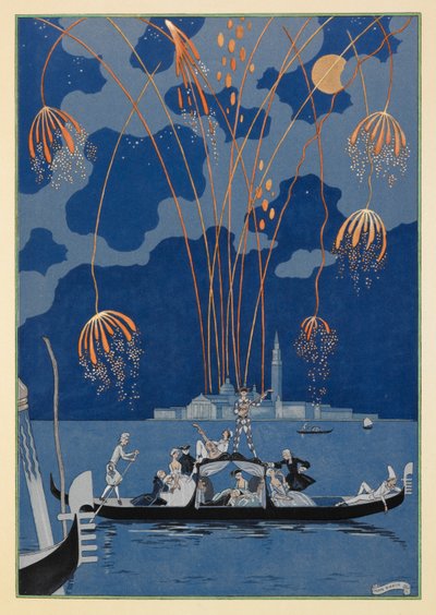 En bateau. Fyrverkeri i Venezia. Folk i en gondol. av Georges Barbier